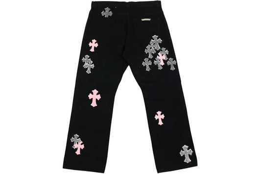 Chrome Hearts Pink & Checkered Cross Patch Fleurknee Jeans