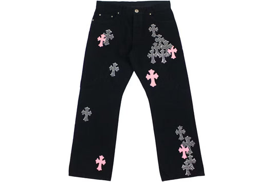 Chrome Hearts Pink & Checkered Cross Patch Fleurknee Jeans