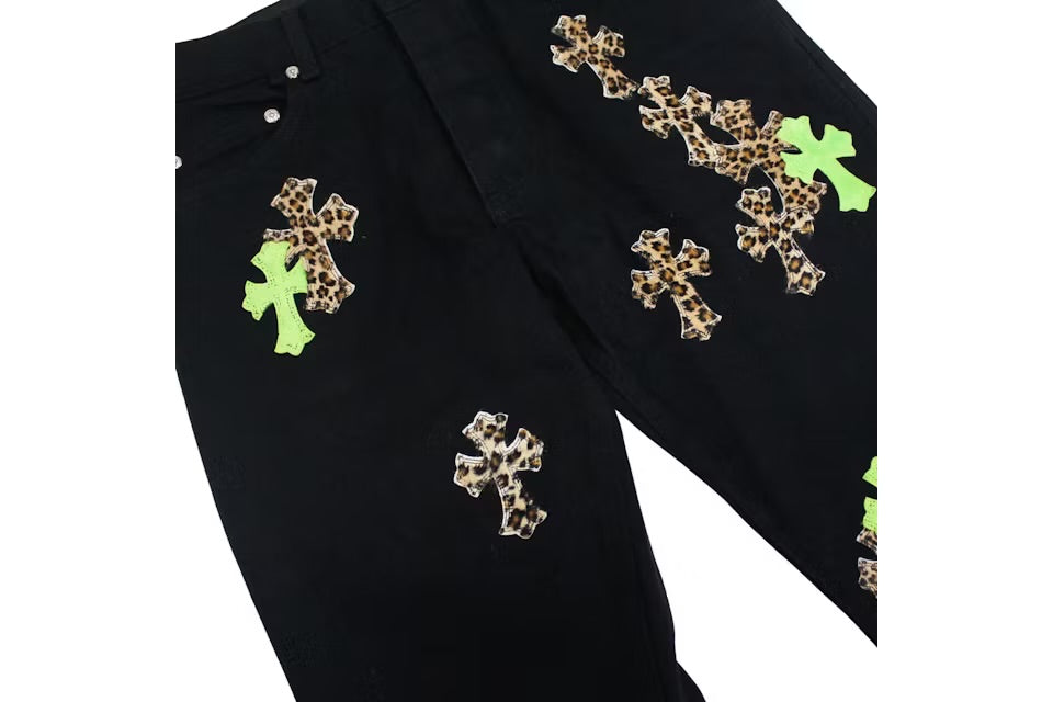 Chrome Hearts Green & Leopard Cross Patch Jeans