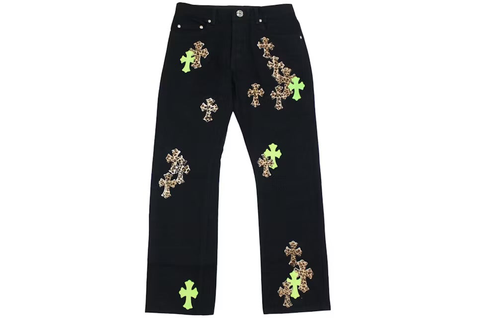 Chrome Hearts Green & Leopard Cross Patch Jeans