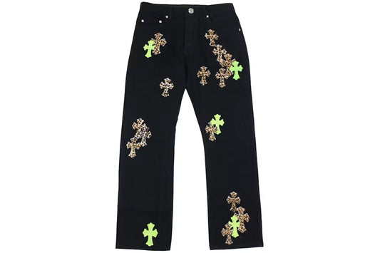 Chrome Hearts Green & Leopard Cross Patch Jeans