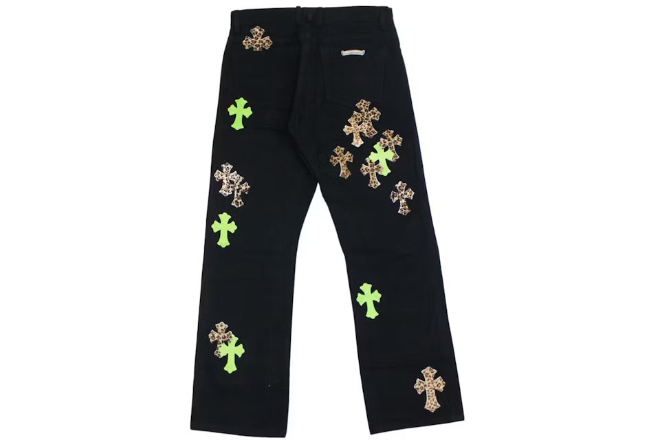 Chrome Hearts Green & Leopard Cross Patch Jeans