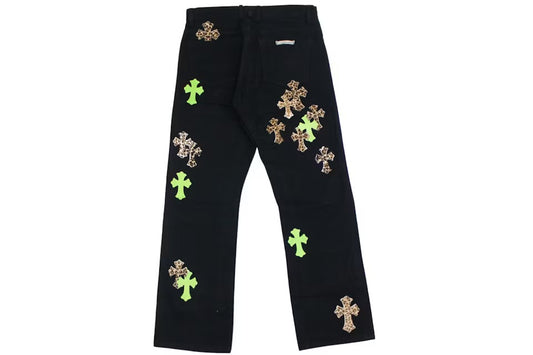 Chrome Hearts Green & Leopard Cross Patch Jeans